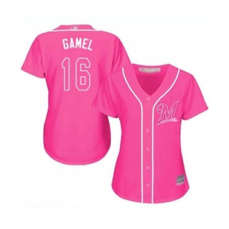 Women's Milwaukee Brewers #16 Ben Gamel Replica Pink Fashion Cool Base Baseball Jersey