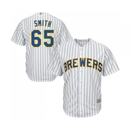 Men's Milwaukee Brewers #65 Burch Smith Replica White Home Cool Base Baseball Jersey