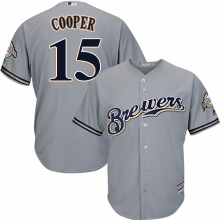 Men's Majestic Milwaukee Brewers #15 Cecil Cooper Replica Grey Road Cool Base MLB Jersey