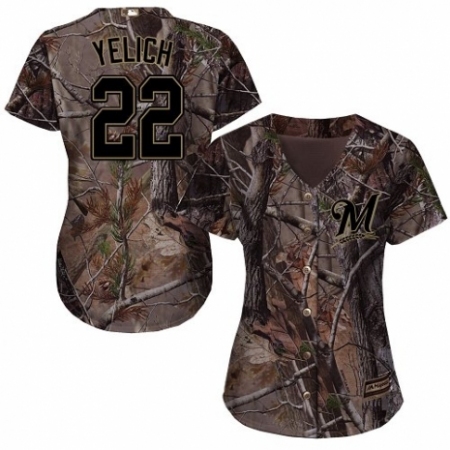 Women's Majestic Milwaukee Brewers #22 Christian Yelich Authentic Camo Realtree Collection Flex Base MLB Jersey