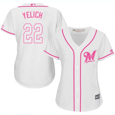 Women's Milwaukee Brewers #22 Christian Yelich White Pink Fashion Stitched MLB Jersey