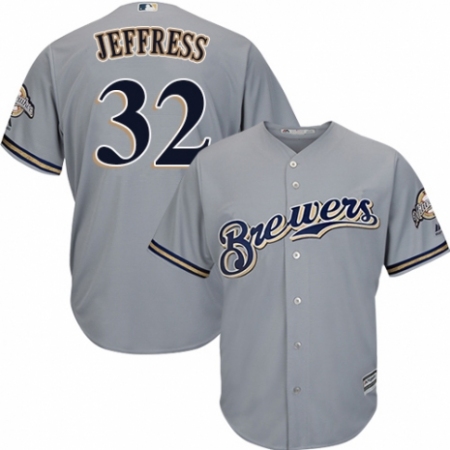 Men's Majestic Milwaukee Brewers #32 Jeremy Jeffress Replica Grey Road Cool Base MLB Jersey