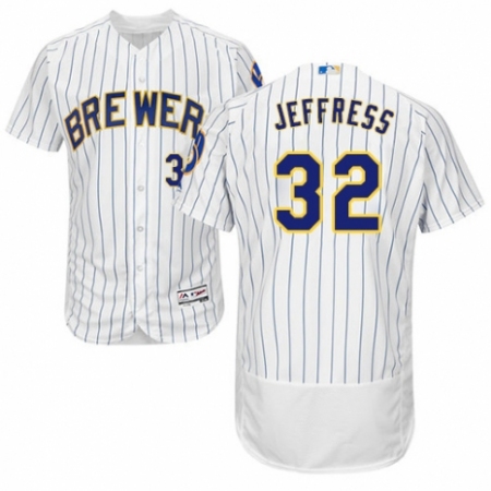 Men's Majestic Milwaukee Brewers #32 Jeremy Jeffress White Home Flex Base Authentic Collection MLB Jersey