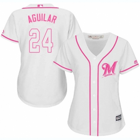 Women's Majestic Milwaukee Brewers #24 Jesus Aguilar Authentic White Fashion Cool Base MLB Jersey