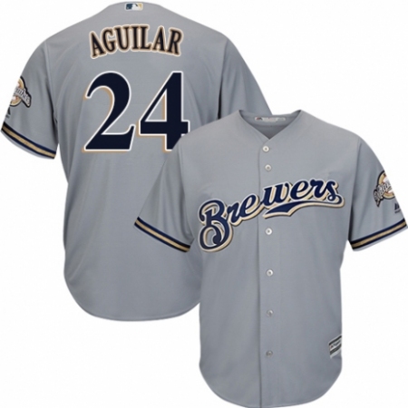 Youth Majestic Milwaukee Brewers #24 Jesus Aguilar Authentic Grey Road Cool Base MLB Jersey