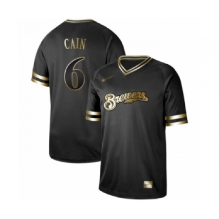 Men's Milwaukee Brewers #6 Lorenzo Cain Authentic Black Gold Fashion Baseball Jersey