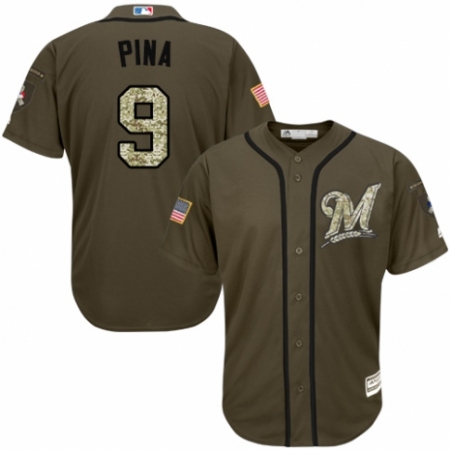Men's Majestic Milwaukee Brewers #9 Manny Pina Authentic Green Salute to Service MLB Jersey