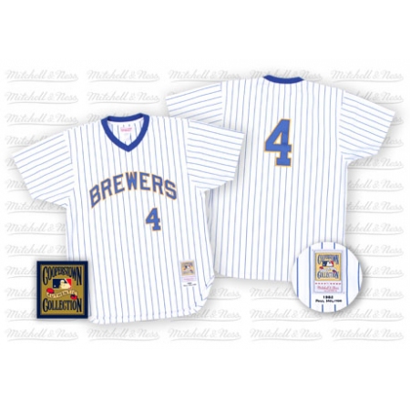 Men's Mitchell and Ness Milwaukee Brewers #4 Paul Molitor Replica White/Blue Strip Throwback MLB Jersey