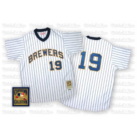 Men's Mitchell and Ness Milwaukee Brewers #19 Robin Yount Replica White/Blue Strip Throwback MLB Jersey