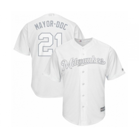 Men's Milwaukee Brewers #21 Travis Shaw Mayor-DDC Authentic White 2019 Players Weekend Baseball Jersey