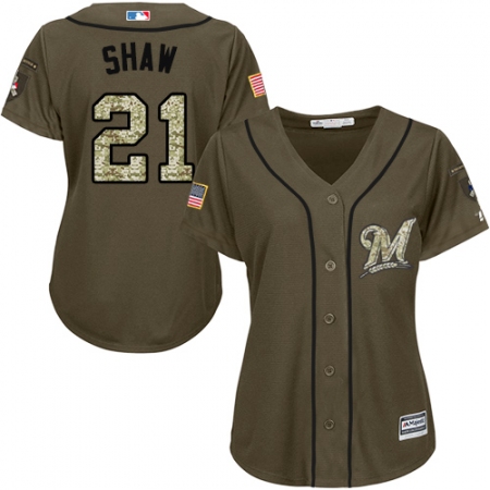 Women's Majestic Milwaukee Brewers #21 Travis Shaw Authentic Green Salute to Service MLB Jersey