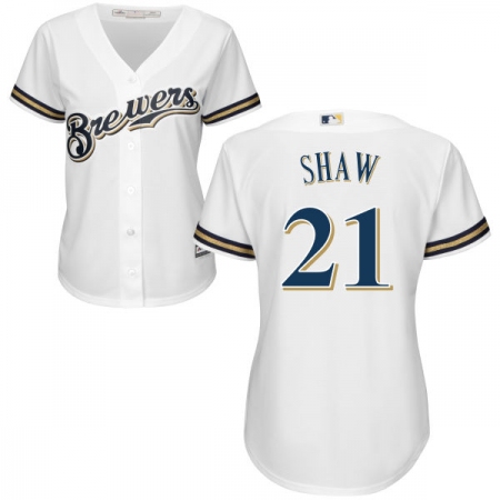 Women's Majestic Milwaukee Brewers #21 Travis Shaw Replica White Home Cool Base MLB Jersey