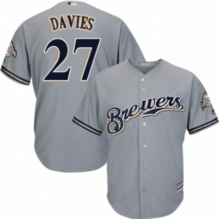 Youth Majestic Milwaukee Brewers #27 Zach Davies Authentic Grey Road Cool Base MLB Jersey
